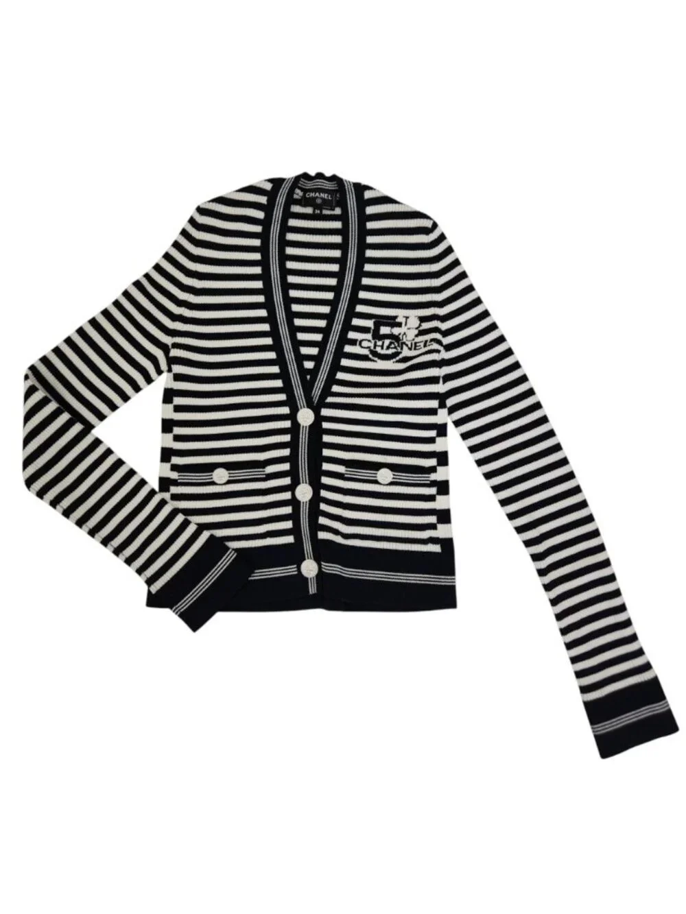 Chanel Marine Stripe Knit Cardigan Navy White